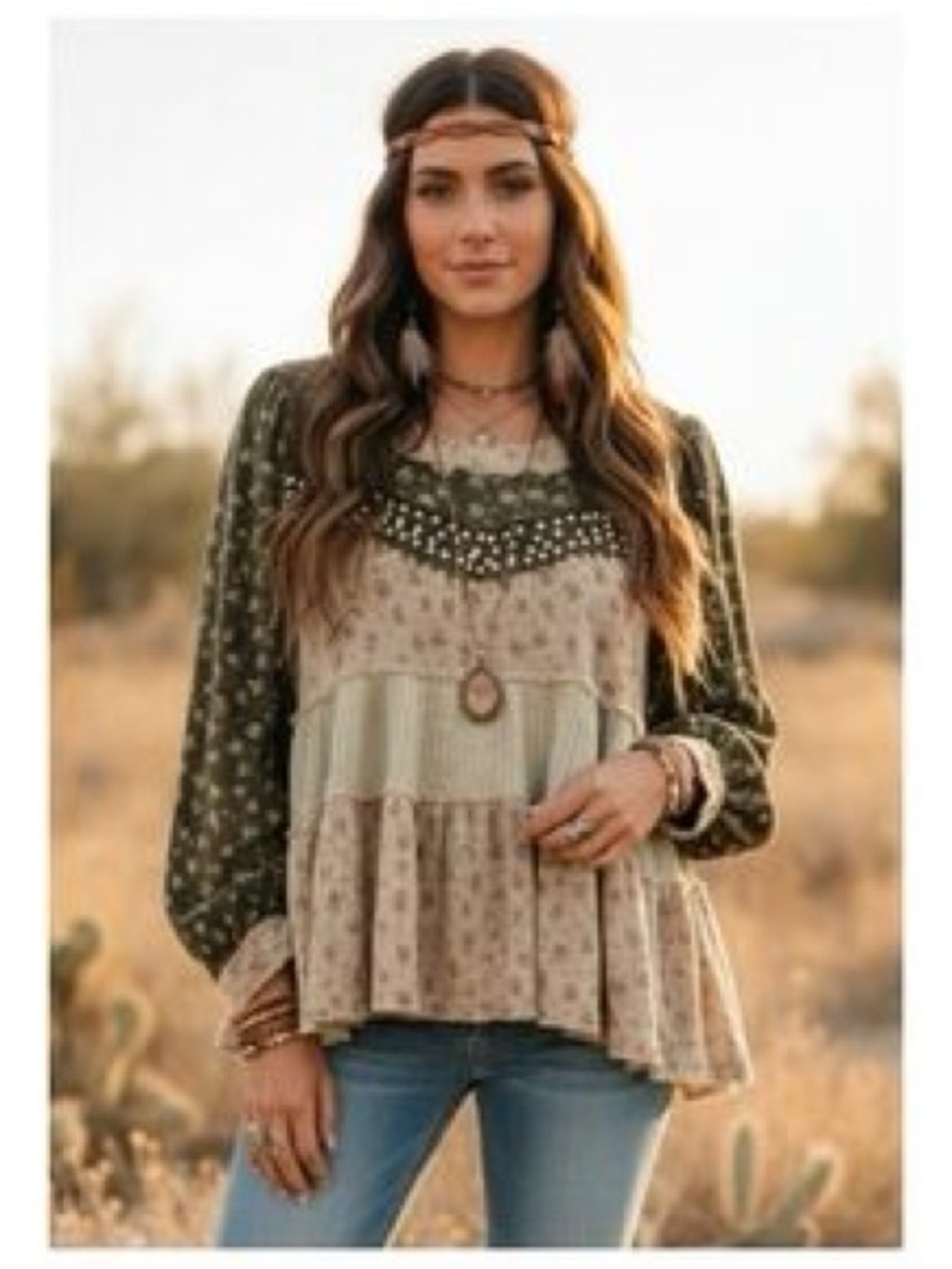 POL Boho Tiered Peasant Top in Olive Green and Cream